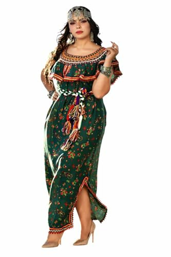 orientaletendance Nadjma Robe Kabyle d'Intérieur pour Femme Verte Fleurie avec Ceinture - Vêtement Traditionnel Berbère