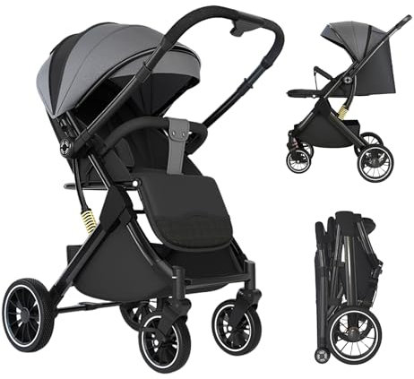 Kinderwagen, leicht und kompakt, 3 Neigungspositionen, 0 bis 4 Jahre (max. 25 kg), Liegeposition, einhändig, 4 Räder mit Stoßdämpfern, mit einem großen Korb (grau)