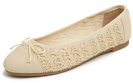 Feversole Women's Fashion Bow Tie Fashion Dress Ballet Flat, rund tå Ballerina för kvinnor, Beige Raffia tåhätta, 37 EU