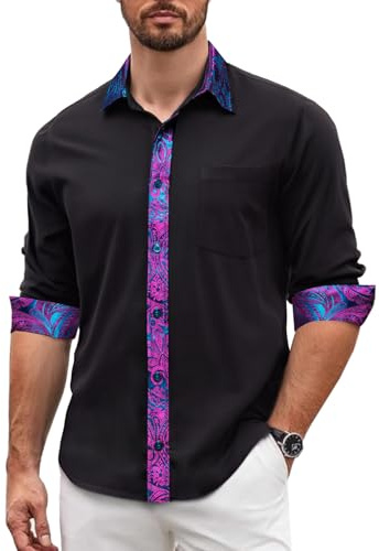 Barry.Wang Men's Button Down Dress Shirt Long Sleeve Contrast Wedding Party | Formal,Casual,Business,Inner/Ourter Contrast,Lightweight,Untucked,Holiday,Work,Daily,Pocket,Plaid,Striped,Paisley