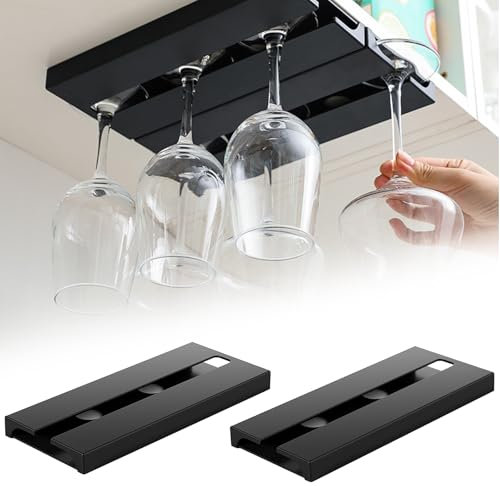 2 Pezzi Porta Bicchieri da Vino, Porta Bicchieri Sospesi, Portas Calici Sottopensile, Portabicchieri Sospeso, Portabicchieri Appendere, Non Richiede Foratura, per Bar, Cucina, Hotel, Ristorante (Nero)