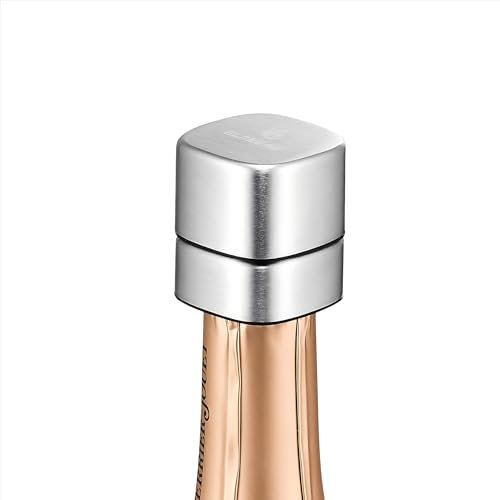 ELMWAY VinoLux Series Champagne Stopper crafted Fits Champagne, Prosecco & Cava Bottles, Keeps Sparkling Wines Fresh and Fizzy – Reusable Stopper with Stainless Steel Shell (Silver)