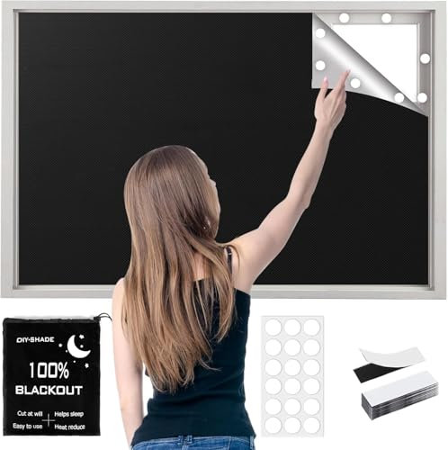 Blackout Blinds Stick On, 100% Blackout Blind Curtain for Window, 420D Fabric Portable Blackout Shades Film for Bedroom, Cut to Any Size, 18*Round adhesive & 12 Loop Tapes