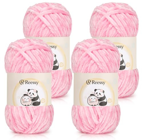 Reessy Chenille Yarn 400g(4×100g), Super Soft Chenille Yarn Chunky Yarns for Crochet and Knitting, Fluffy Velvet Chenille Wool for Crochet Exquisite Crafts, Amigurumi, Baby Blanket (Pink)