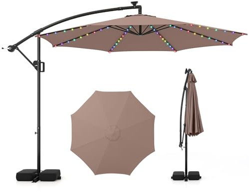 GOPLUS Grand Parasol de Jardin Extérieur avec Pied, Parasol Déporté 3x3M avec LED Coloré, 9 Modes Lumineux, Rotation à 360°, Manivelle, pour Balcon Terrrasse Patio (Marron)