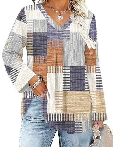IECCP Blusas de manga 3/4 enrollada con cuello en V para mujer, talla grande, casual, a la moda, camisa de manga larga, túnica suelta (1X-5X), Cuadrados de colores, XXL