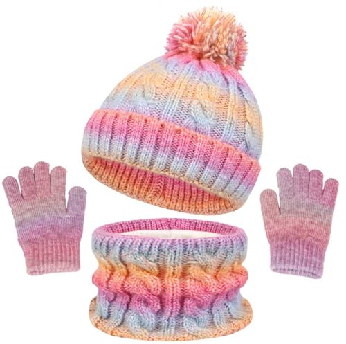 Mayoii Kids Hat Scarf Gloves Set – 3-in-1 Winter Knitted Hat Scarf and Gloves Set for Kids with Pom Pom Beanie, Neck Warmer & Mittens for Boys Girls Aged 3–10 (Gradient Color)