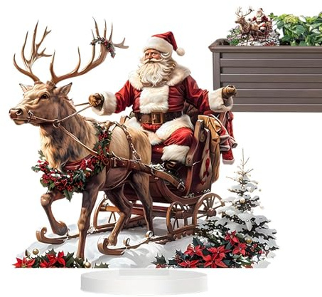 Nudorpn Figura de Papá Noel con reno y trineo, 14 cm, acrílico, decoración navideña para el hogar, mesa, árbol de Navidad, figuras navideñas festivas para oficina y fiesta