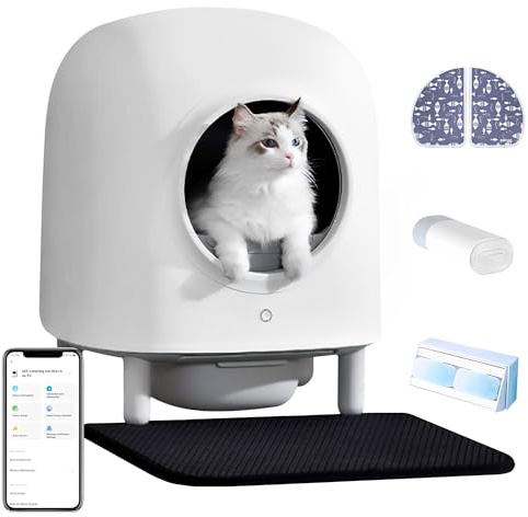 56L automatisk kattsandbricka APP-styrd radarskydd luktisolering kattsandsrobot med matta for flera katter(White 1)