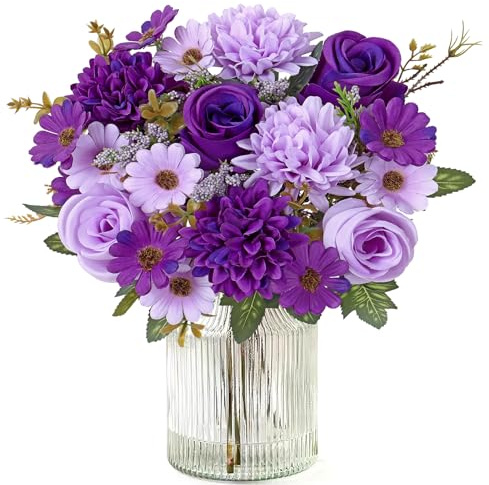 MEIVINES Artificial Flowers Artificial Rose Silk Flowers 2 Bunches Faux Rose Daisy Flower Bouquet for Wedding Party Table Centerpieces Floral Arrangement Home Kitchen Decor (Purple, 2PCS)