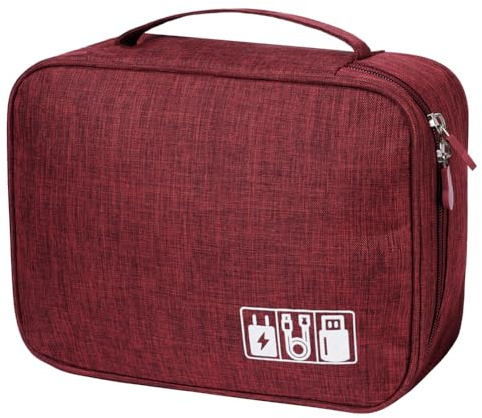 OFFCUP kabelväska resväska elektronikorganisatör kabelväska med 2 fack, 24x18x10 cm vattentät kabelorganisatör elektroniktillbehör för kablar, USB, hårddiskar, SD-kort, laddare (vinröd)