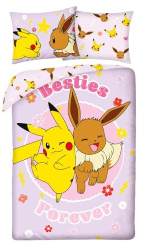 POKEMON Pikachu Eevee BESTIES FOREVER - sängkläder set påslakan 140 x 200 cm + örngott 70 x 90 cm - Vändbar - 100 % POLYESTER - Rosa