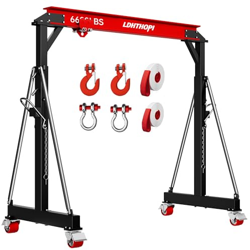 LDHTHOPI 3 Ton Gantry Crane, 6600LBS Adjustable Gantry Crane with 8.53-12.47ft Height, Shop Lift Hoist with Manual Trolley, Hook & Shackles for Warehouse, Factory,Auto Repair & Construction, Red