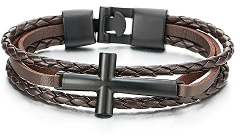 COOLSTEELANDBEYOND Unisex Brown Braided Leather Bracelet, Black Sideways Cross Stainless Steel Charm Wristband