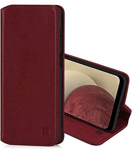 32nd Classic Series 2.0 - Real Leather Book Wallet Flip Case Cover For Samsung Galaxy A12 (2021), Real Leather Design With Card Slot, Magnetic Closure and Built In Stand - Burgundy