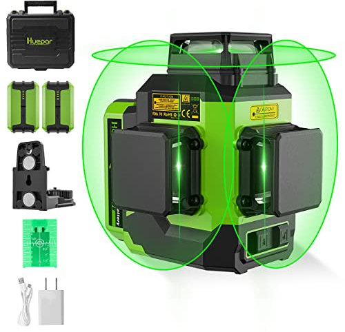 Huepar 3 x 360 Kreuzlinienlaser Lasernivellier 3D Grüner Strahl Drei-Ebenen-Nivellierung und Ausrichtung Selbstnivellierendes Laserwerkzeug, 2 Li-Ionen-Batterien mit Typ-C-Ladeanschluss LS03CG