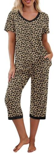 PrinStory Pyjamasset för kvinnor, sovkläder, lounge-kläder, kortärmad t-shirt, capribyxor, med fickor