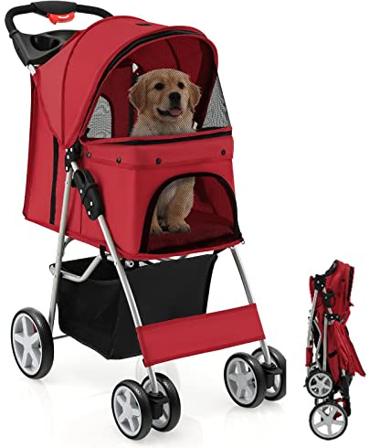 Maxmass Travel Pet Stroller, Foldable Small Medium Sized Dog Cat Trolley with Storage Basket, Safety Belt and Cup Holder, 4 Wheels Puppy Pushchair (Red)