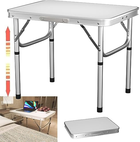 AUTOFU Lightweight Folding Table, Extra Strength Camping Buffet Trestle Table for Indoor Outdoor, Adjustable Height, Aluminium Folding Table, White - 60 x 45 x 26cm/56cm