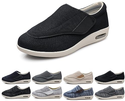IRCHA Chaussures pour Diabétiques pour Hommes Chaussures de Santé Antidérapantes Larges pour Femmes Semelles Intérieures Amovibles À Mémoire de Forme, Baskets Légères,Noir,47 EU