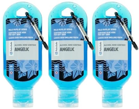 Palm Safe Angelic 3 Pack 60ml Anti Bacterial Premium Hand Sanitiser Travel Size Refillable Clip Bottle Quick Drying Non Sticky Extra Moisturising Kills 99.9% of Viruses and Bacteria