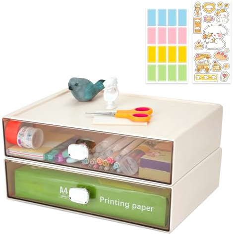 2 PCS Desktop Storage Boxes with 2 Drawers, Stackable A4 Paper Plastic Storage Drawers with Handle and Labels, Large Office Supplies Storage Organiser Units for Stationery, Makeup (L-2*White)