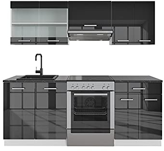 Vicco Küchenzeile R-Line, Anthrazit Hochglanz/Weiß, 200 cm, AP Anthrazit, zur individuellen Erweiterung mit zusätzlichen Modulen geeignet