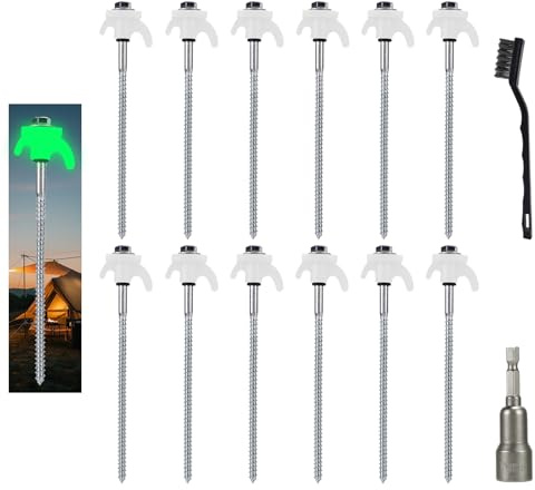 MIGUBIGU 12x Picchetti per Tende con Effetto Retroilluminato, Picchetti a Vite per Fissaggio Tenda, con Adattatore Filettato e Spazzola Metallica, per Campeggio, Bianco