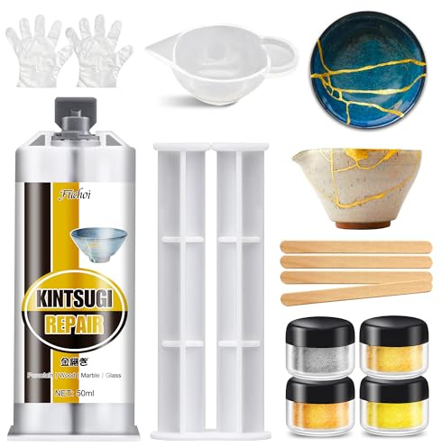 Kit di Riparazione Kintsugi 50mL per Casa, Set per Riparazione Porcellana con Colla Ceramica Dorata Grado Alimentare, Adatto per Ceramica Rotta, Vetro, Porcellane e Sculture, Arte Kintsugi Giapponese