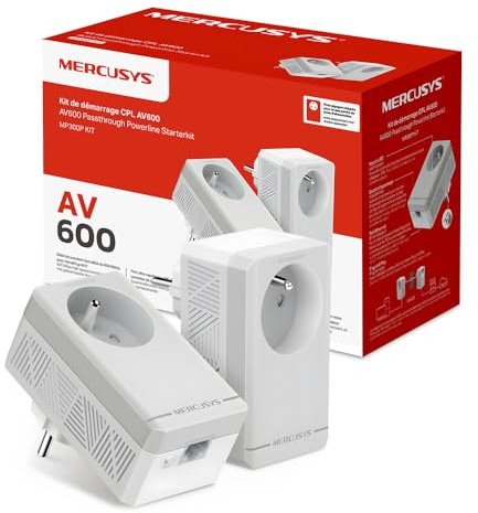 Mercusys MP300P KIT CPL 600Mbps avec 1 Port et Prise Intégrée Type F, Boitier CPL Kit de 2 - idéal pour Profiter du Service Multi-TV à la Maison, Compatible Toutes Les Box