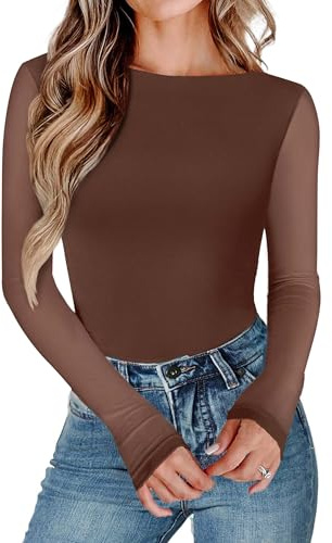Avidlove Bodysuits for Women Long Sleeve Mesh Body Suit Boat Neck Body Suits Sexy Mesh Going Out Top One Piece Leotard