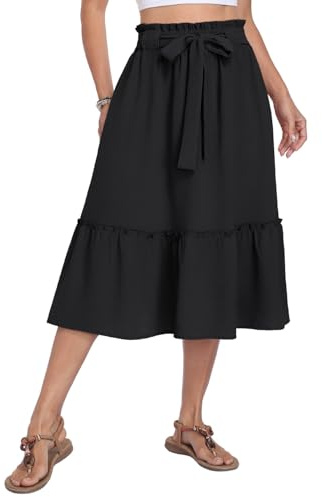 PrinStory Women's Summer Midi Skirt Elasticated Waist Tiered Casual A Line Skirt with Pockets Adjustable Drawstring UK 14-16 (Black, L)