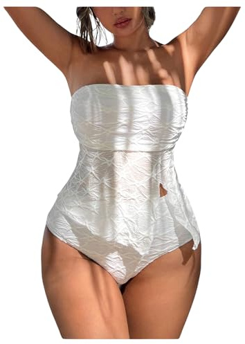 GORGLITTER Women's Strapless Tankini Swimsuits Textured Split Hem High Waisted Bandeau Bathing Suits White Small