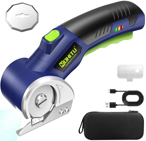 Cordless Electric Scissors: 4V Rechargeable Rotary Cardboard Cutter, 3000mAh Battery, with LED Light & Safety Lock, 2 Blades, Electric Box Cutter for Fabric Carpet Carton Plastic Leather Cloth(Blue)