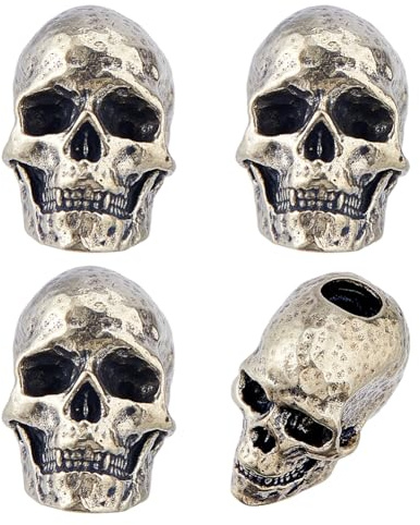 SUPERFINDINGS 4 cuerdas de buceo con perlas de calavera de latón, 13 x 19 mm, agujero grande de 5,5 mm, perlas EDC para llavero, pulsera, accesorios, plata antigua