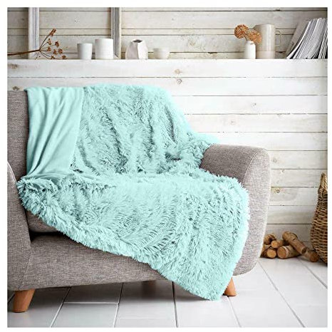 FAIRWAYUK Fluffy Faux Fur Throw 150x200 cm, Premium Longhair Warm Cosy Fluffy Blanket for Bed, Ultra Soft Comfort Fleece Throws for the Sofa, Bed, Chair, Settee, Couch, Duck Egg