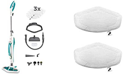 Polti Vaporetto SV450_DOUBLE - Escoba a vapor doble función con limpiador portátil, cepillo Vaporforce + Polti PAEU0332 Kit de 2 paños de microfibra para cepillo Vaporforce, Blanco
