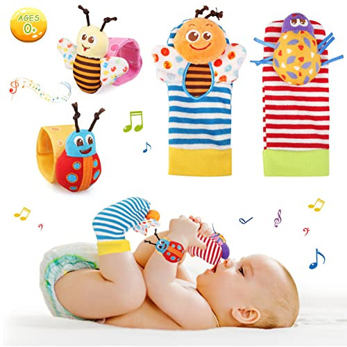 Ballery Baby Rasseln Spielzeug Handgelenk Und Socken, 4 Stück Baby Rasseln Socken Spielzeug Handgelenk Rassel und Fuß Finder Socken Set Baby Rasseln Spielzeug für Neugeborene 0-6 Monate Geschenk