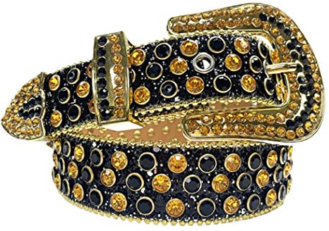 Luxus Designer Strasssteine Gürtel Damen Herren Diamant Nieten Gürtel Strap Kristall Kunstleder Nieten Gürtel, Schwarz / Gelb, 28-30