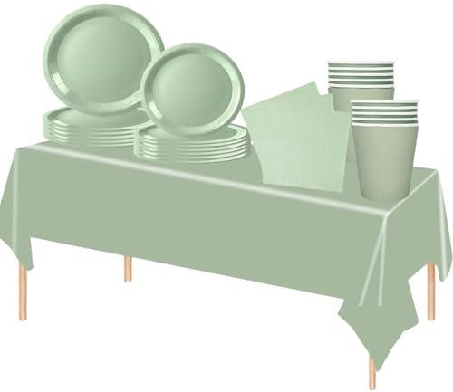69 piezas Verde Salvia Platos Desechable Juego de Vajilla Desechable Decoración Cumpleaños Fiesta,Platos Servilletas Copa de Papel y Mantel,para Bodas,Picnics,Baby Shower,Biodegradable,Compostables