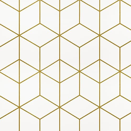Timeet Self Adhesive Wallpaper White and Gold Peel and Stick Wallpaper Geometric Sticky Back Vinyl Gold Lines Geo Contact Paper Texture Wall Covering Waterproof Decorative Removable Film 44x300cm