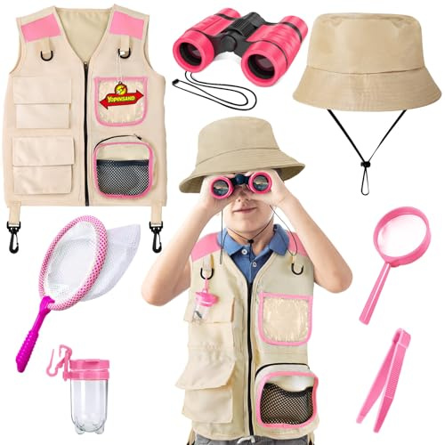 Kit de exploración para niños con chaleco, sombrero y prismáticos para niños, equipo de acampada para niños con kit de exploración de escarabajos, gran juguete para