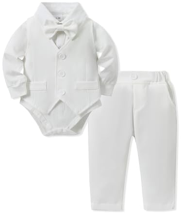 Amissz Costumes de Bébé Garçon Baptême Tenue Mariage Parti Bebe pour Ceremonie Ensemble de Barboteuse + Gilet + Pantalon Vêtement Blanc 12-18 Mois