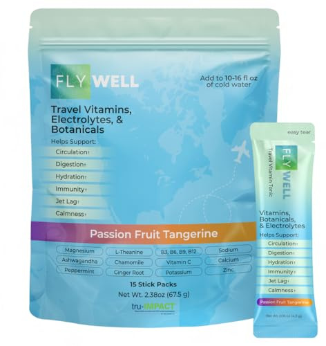 FlyWell Lot de 15 bâtonnets de poudre d'électrolytes de mandarine Fruit de la passion pour soulager le décalage horaire