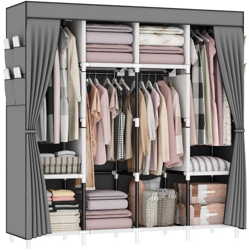 OPPAIYA Canvas Wardrobe, Fabric Wardrobes With 4 Hanging Rails, 4 Compartments and 8 Side Pocket, Zippered Open Wardrobe, Pop up wardrobe 165 x 165 x 45 cm, Great Foldable wardrobes for Bedroom