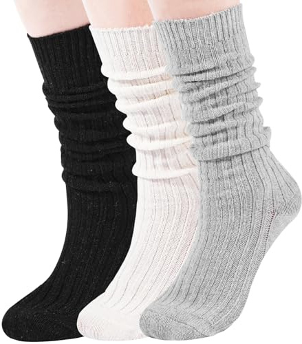 Moon Wood 3 Paires de Chaussette Haute Femme en Laine Tailles 35-42 Confort et Chaleur Slouch Socks,Noir/blanc/gris