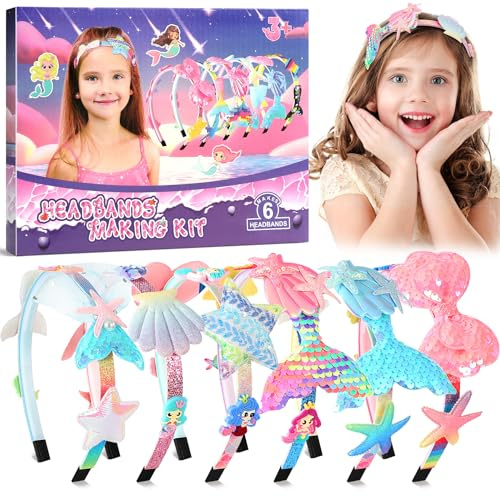 Pourbibi Mermaid Headband Making Kit for Girls Age 3+, Birthday Presents for 3-8 Year Olds