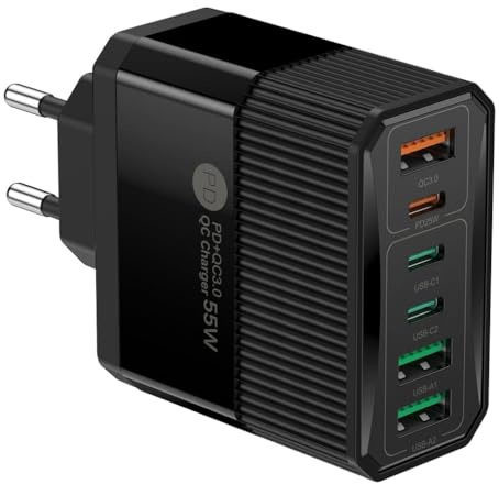 Snabbladdning 55W med PD & QC3.0. USB-laddare C 6 portar kompatibel med alla mobiltelefoner