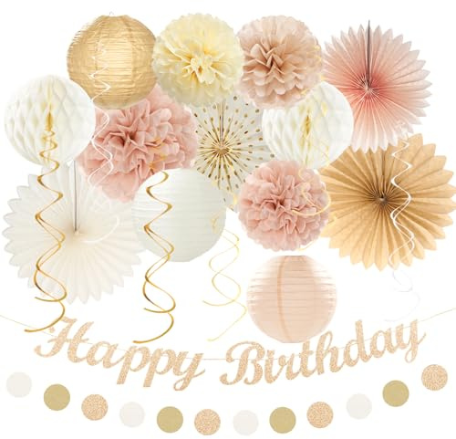 Champagne-Gold Beige Fall Boho Birthday Party-Decorations - 21pcs Autumn Neutral Retro Happy Banner,Girl One Sweet Peach Paper Streamers Lanterns,Tissue Pom Poms Fan,Rustic Backdrop Decor Huglony