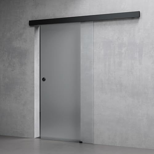 Mai & Mai Porte Coulissante Noir 75,5x205cm avec Opaque en Verre Sécurité ESG 8mm Poignée Ronde Distance au Mur de 15mm Ama